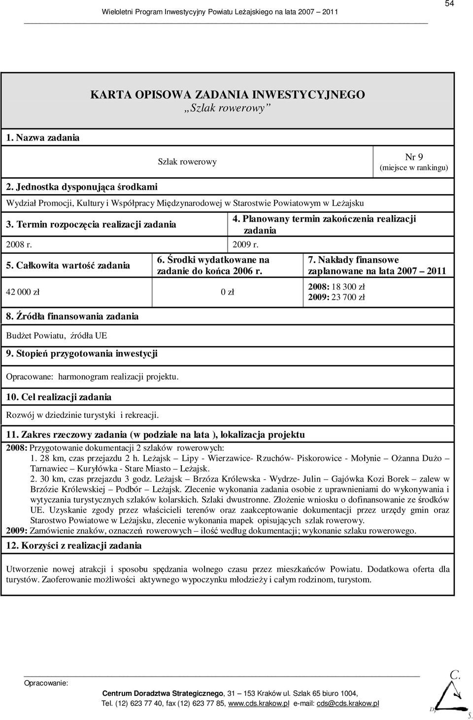 Zakres rzeczowy (w podziale na lata ), lokalizacja projektu 2008: Przygotowanie dokumentacji 2 szlaków rowerowych: 1. 28 km, czas przejazdu 2 h.