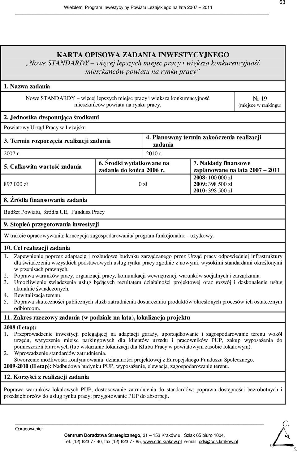 897 000 zł 0 zł BudŜet Powiatu, źródła UE, Fundusz Pracy W trakcie opracowywania: koncepcja zagospodarowania/ program funkcjonalno - uŝytkowy. 2008: 100 000 zł 2009: 398 500 zł 2010: 398 500 zł 10.