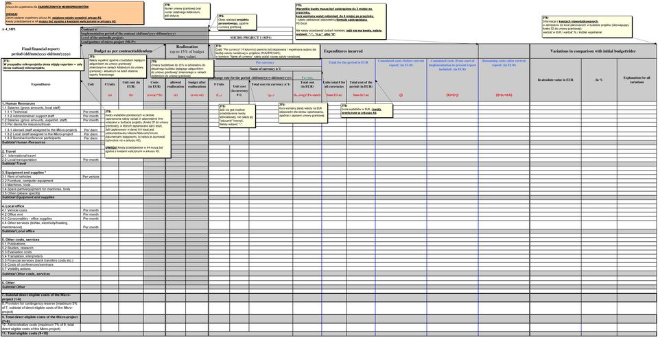 A-4_MP1 Contract n Implementation period of the contract Lead partner of micro-project (MLP): Final financial report: period W przypadku mikroprojektu okres objęty raportem = cały okres realizacji