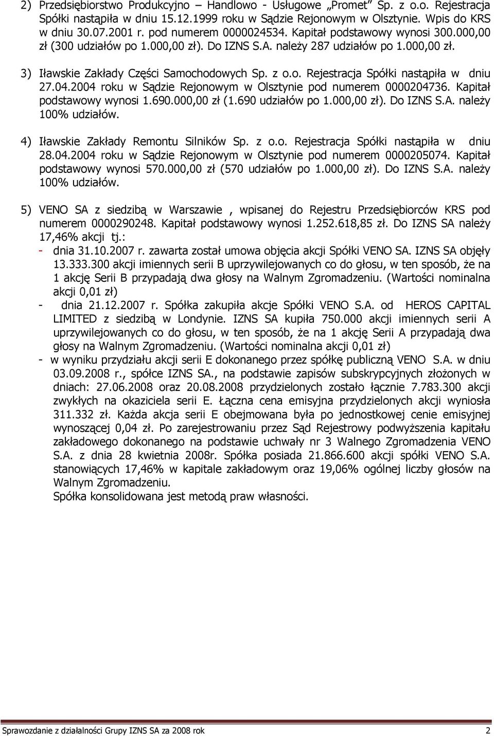 04.2004 roku w Sądzie Rejonowym w Olsztynie pod numerem 0000204736. Kapitał podstawowy wynosi 1.690.000,00 zł (1.690 udziałów po 1.000,00 zł). Do IZNS S.A. naleŝy 100% udziałów.