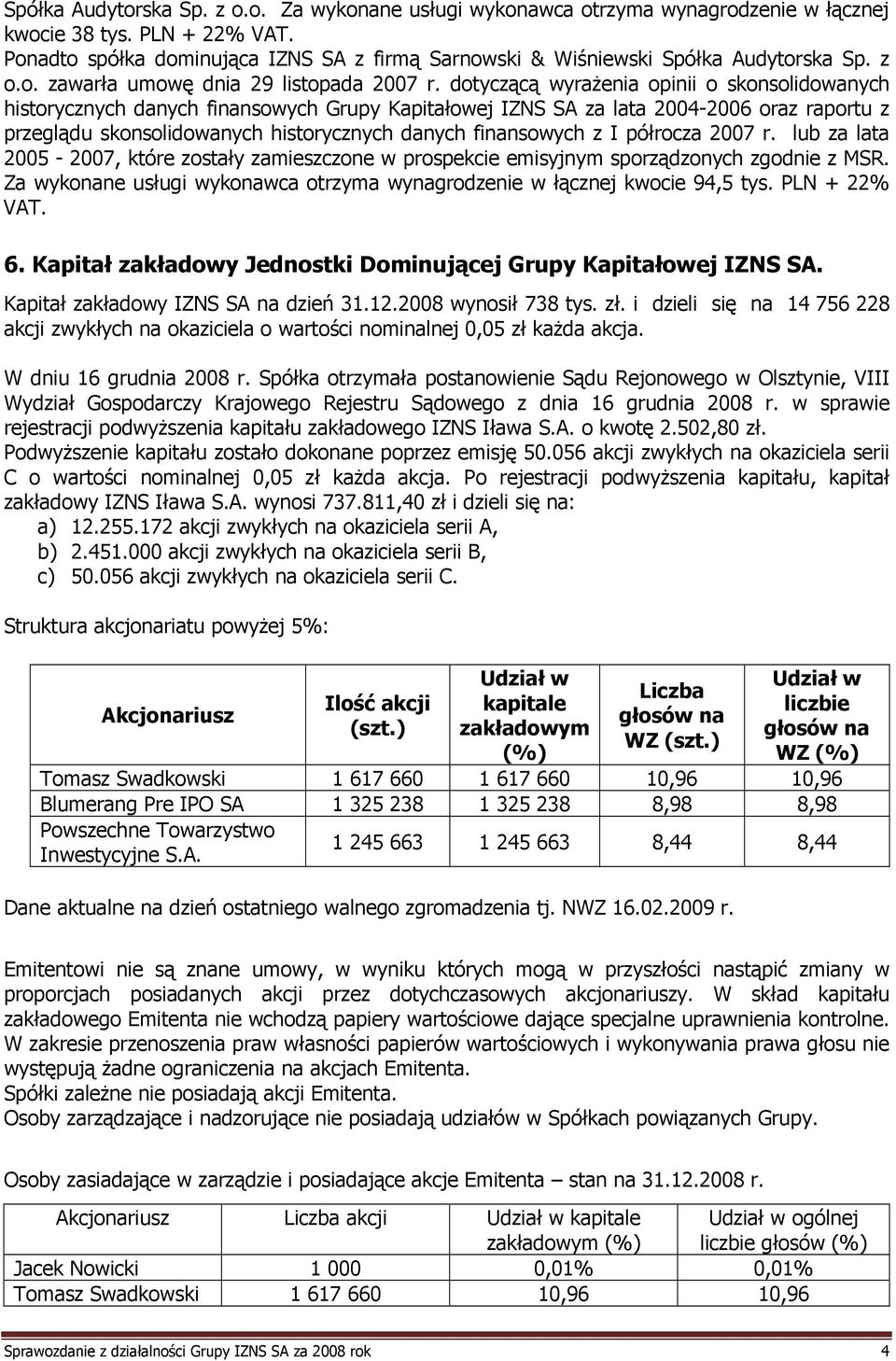 dotyczącą wyraŝenia opinii o skonsolidowanych historycznych danych finansowych Grupy Kapitałowej IZNS SA za lata 2004-2006 oraz raportu z przeglądu skonsolidowanych historycznych danych finansowych z