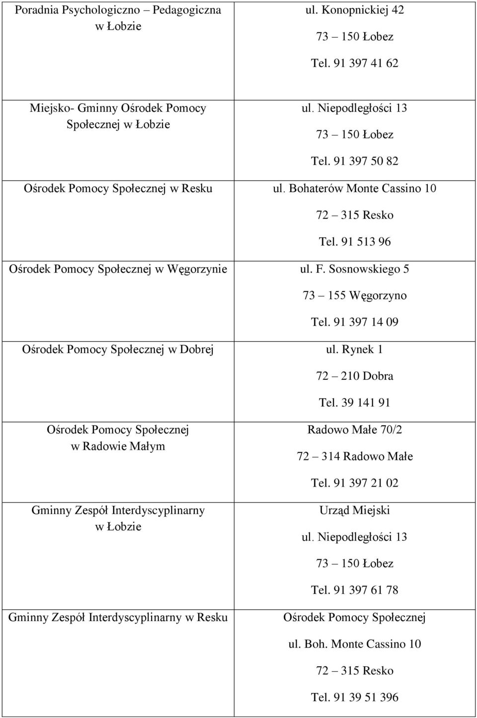 91 397 14 09 Ośrodek Pomocy Społecznej w Dobrej ul. Rynek 1 72 210 Dobra Tel. 39 141 91 Ośrodek Pomocy Społecznej w Radowie Małym Radowo Małe 70/2 72 314 Radowo Małe Tel.