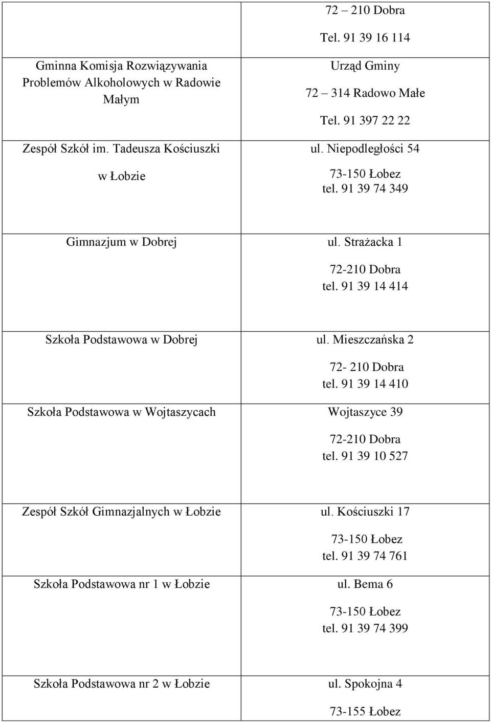 Strażacka 1 72-210 Dobra tel. 91 39 14 414 Szkoła Podstawowa w Dobrej ul. Mieszczańska 2 72-210 Dobra tel.