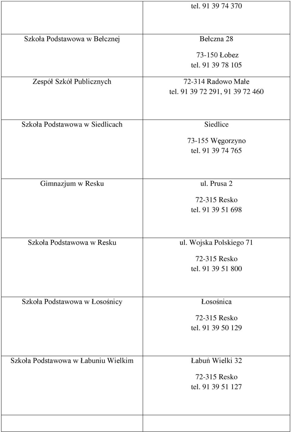 91 39 72 291, 91 39 72 460 Szkoła Podstawowa w Siedlicach Siedlice 73-155 Węgorzyno tel. 91 39 74 765 Gimnazjum w Resku ul.