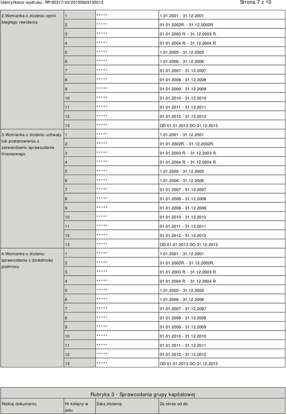 01.2012-31.12.2012 13 ***** OD 01.01.2013 DO 31.12.2013 3.Wzmianka o złożeniu uchwały lub postanowienia o zatwierdzeniu sprawozdania finansowego 1 ***** 1.01.2001-31.12.2001 2 ***** 01.01.2002R. - 31.
