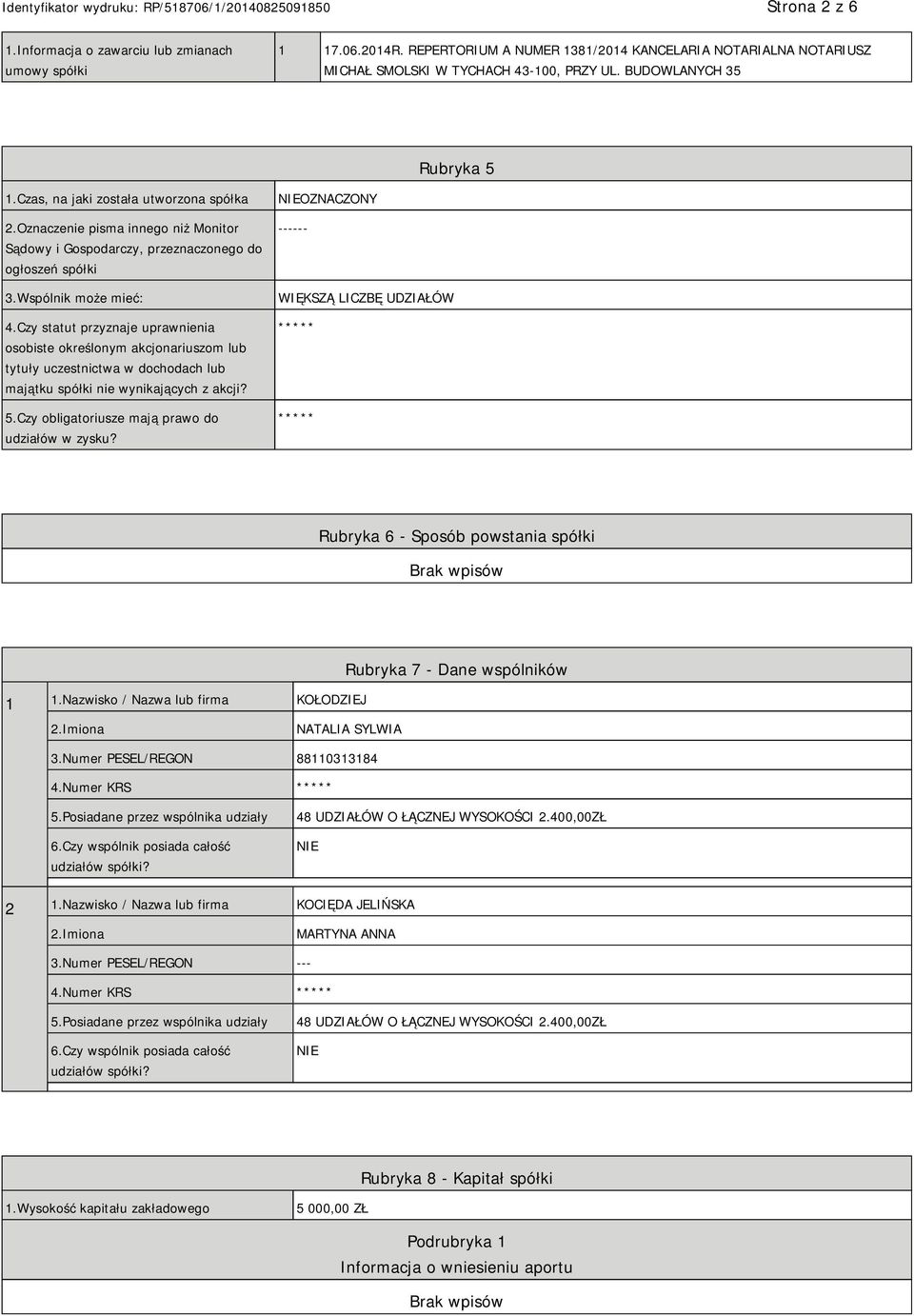 Czy statut przyznaje uprawnienia osobiste określonym akcjonariuszom lub tytuły uczestnictwa w dochodach lub majątku spółki nie wynikających z akcji? 5.