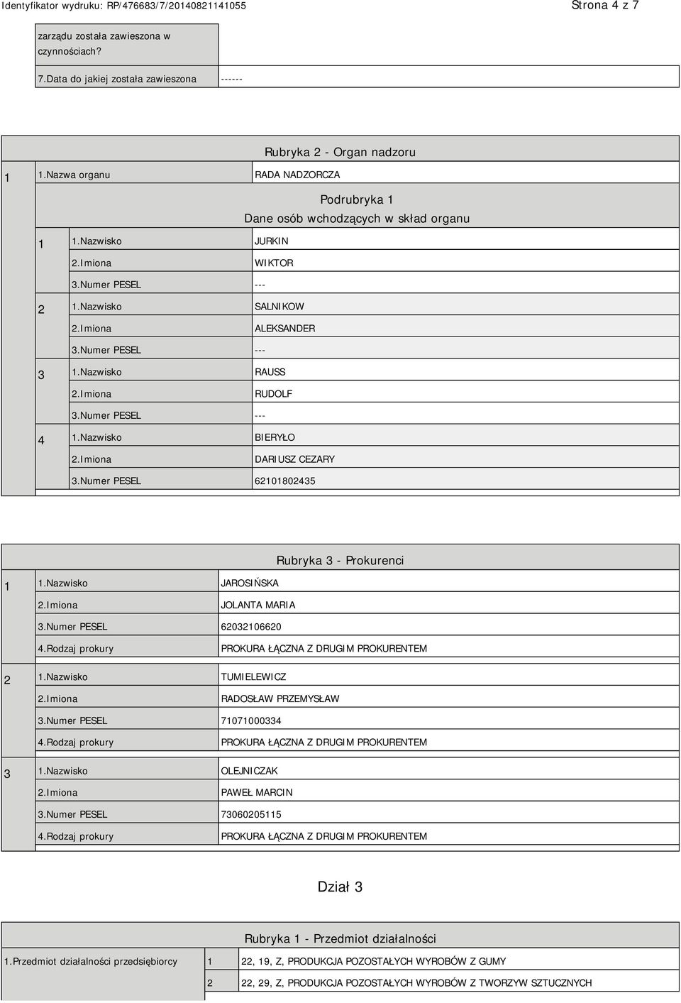 Numer PESEL 62101802435 1 1.Nazwisko JAROSIŃSKA Rubryka 3 - Prokurenci JOLANTA MARIA 3.Numer PESEL 62032106620 4.Rodzaj prokury PROKURA ŁĄCZNA Z DRUGIM PROKURENTEM 2 1.