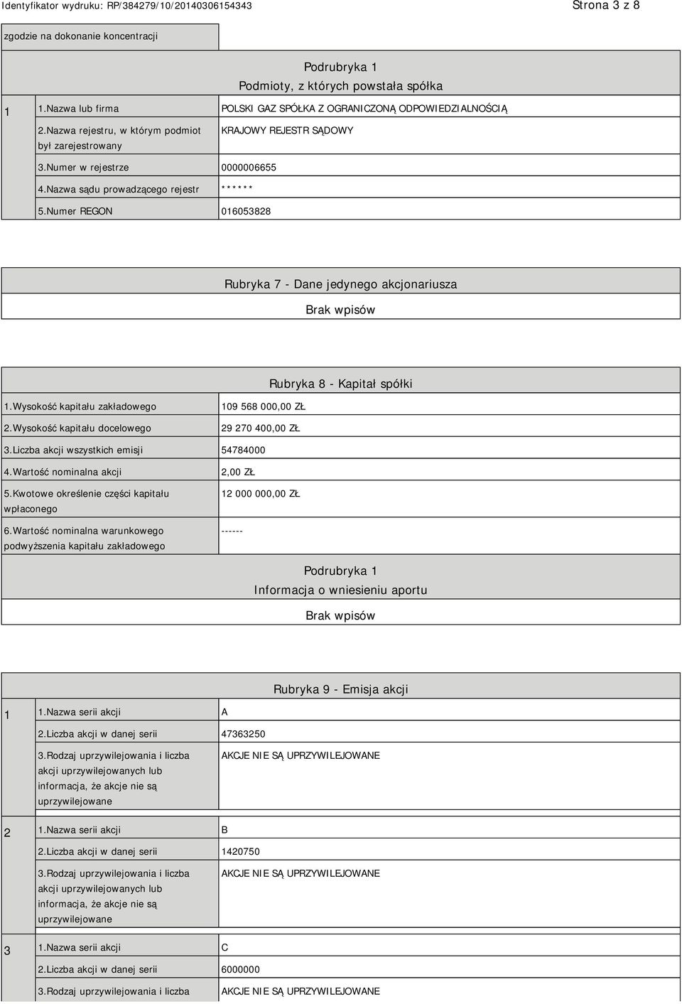 Numer REGON 016053828 Rubryka 7 - Dane jedynego akcjonariusza Rubryka 8 - Kapitał spółki 1.Wysokość kapitału zakładowego 2.Wysokość kapitału docelowego 109 568 000,00 ZŁ 29 270 400,00 ZŁ 3.