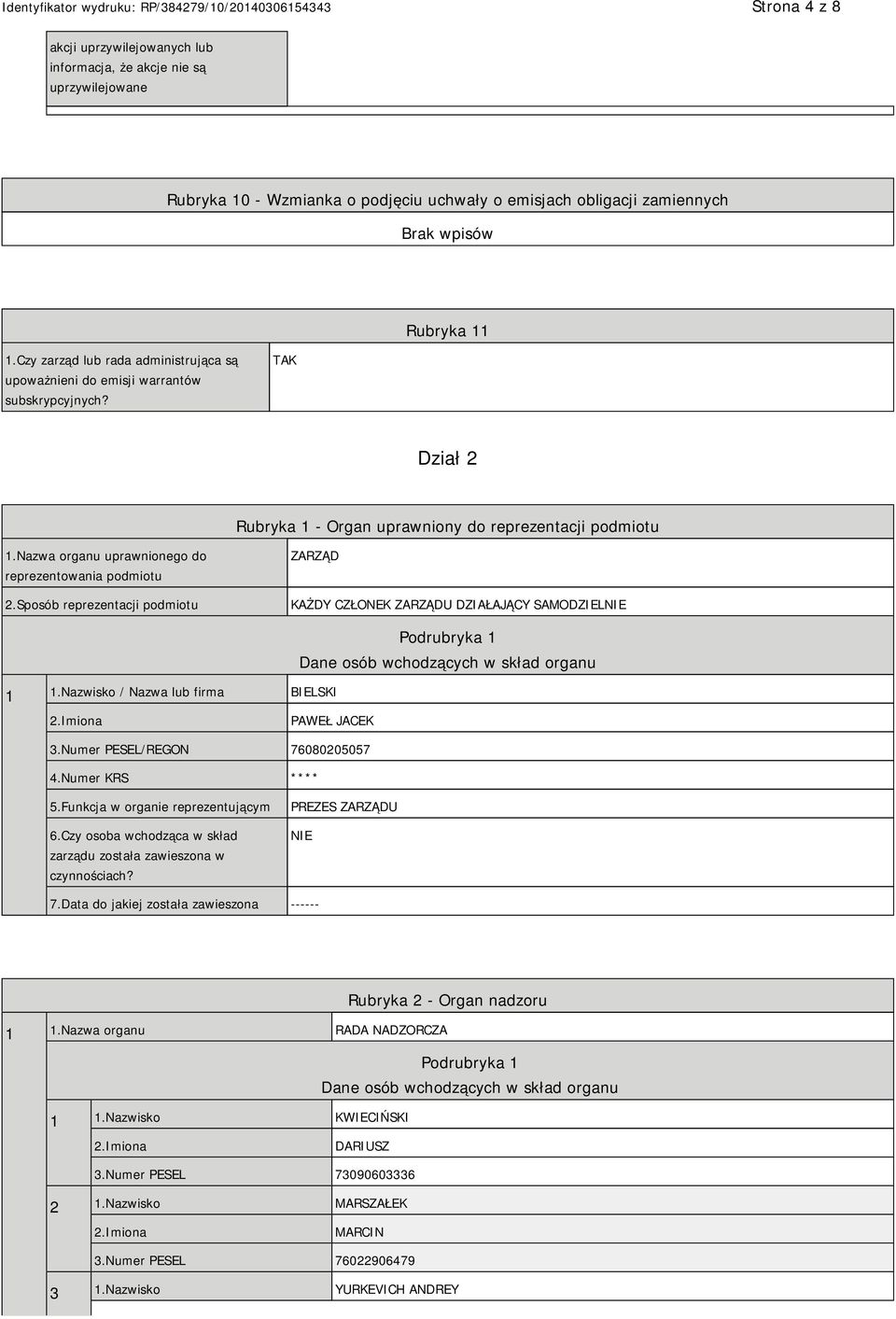 Nazwa organu uprawnionego do reprezentowania podmiotu 2.Sposób reprezentacji podmiotu ZARZĄD KAŻDY CZŁONEK ZARZĄDU DZIAŁAJĄCY SAMODZIEL 1 1.