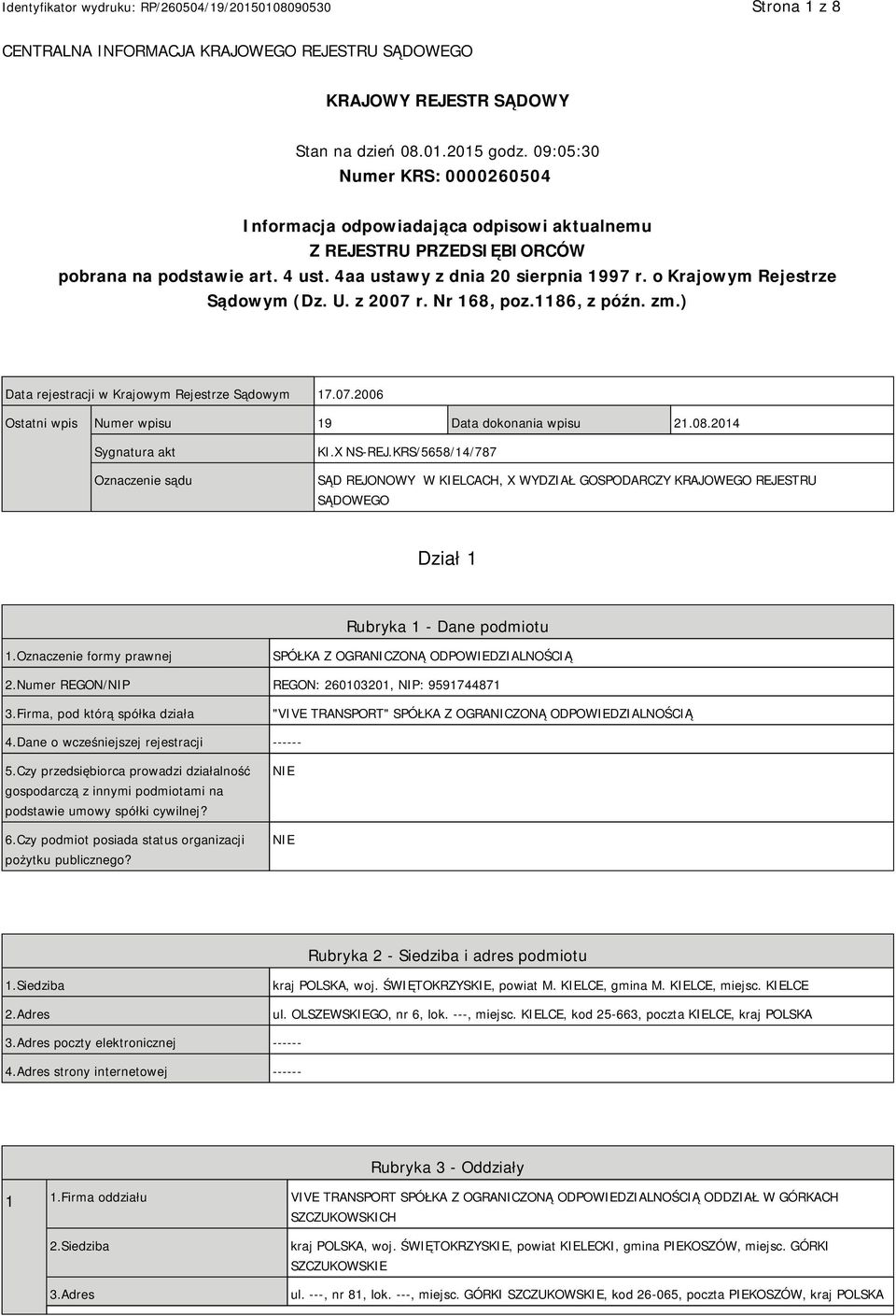 o Krajowym Rejestrze Sądowym (Dz. U. z 2007 r. Nr 168, poz.1186, z późn. zm.) Data rejestracji w Krajowym Rejestrze Sądowym 17.07.2006 Ostatni wpis Numer wpisu 19 Data dokonania wpisu 21.08.