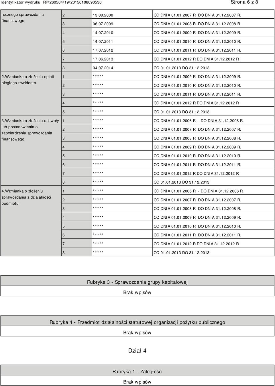 01.2013 DO 31.12.2013 2.Wzmianka o złożeniu opinii biegłego rewidenta 1 ***** OD DNIA 01.01.2009 R. DO DNIA 31.12.2009 R. 2 ***** OD DNIA 01.01.2010 R. DO DNIA 31.12.2010 R. 3 ***** OD DNIA 01.01.2011 R.