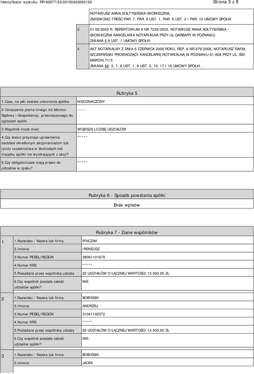 A NR 879/2008, NOTARIUSZ RAFAŁ SZCZEPAŃSKI PROWADZĄCY KANCELARIĘ NOTARIALNĄ W POZNANIU 61-808 PRZY UL. ŚW. MARCIN 71/3. ZMIANA : 2, 7, 8 UST. 1, 9 UST. 2, 10, 17 I 18 UMOWY SPÓŁKI. Rubryka 5 1.