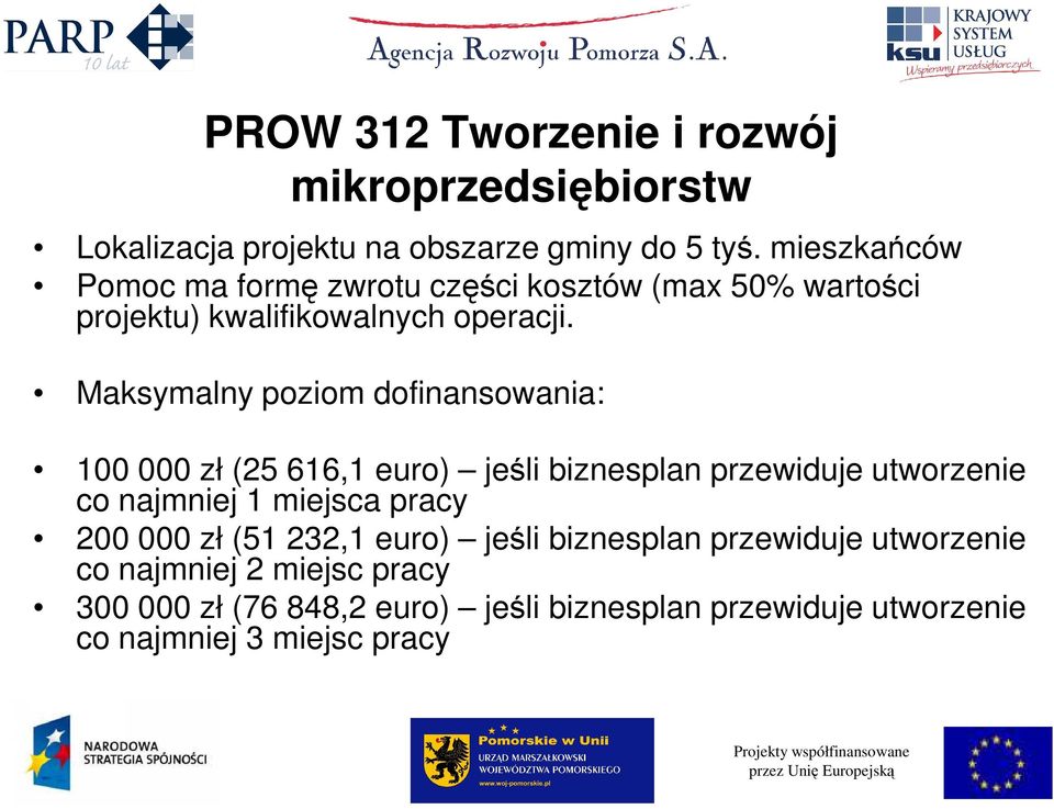 Maksymalny poziom dofinansowania: 100 000 zł (25 616,1 euro) jeśli biznesplan przewiduje utworzenie co najmniej 1 miejsca pracy