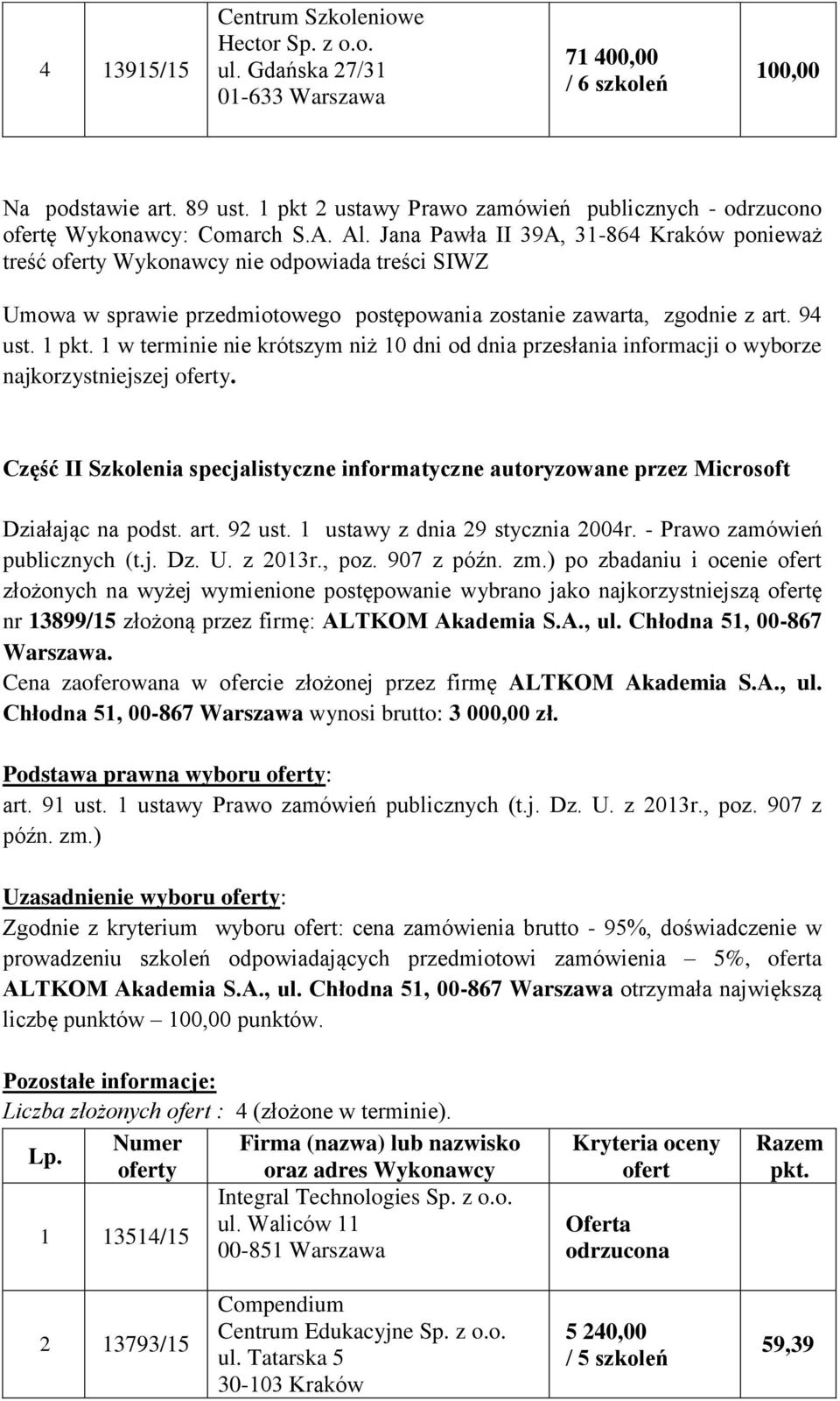 1 1 w terminie nie krótszym niż 10 dni od dnia przesłania informacji o wyborze najkorzystniejszej y. Część II Szkolenia specjalistyczne informatyczne autoryzowane przez Microsoft publicznych (t.j. Dz.