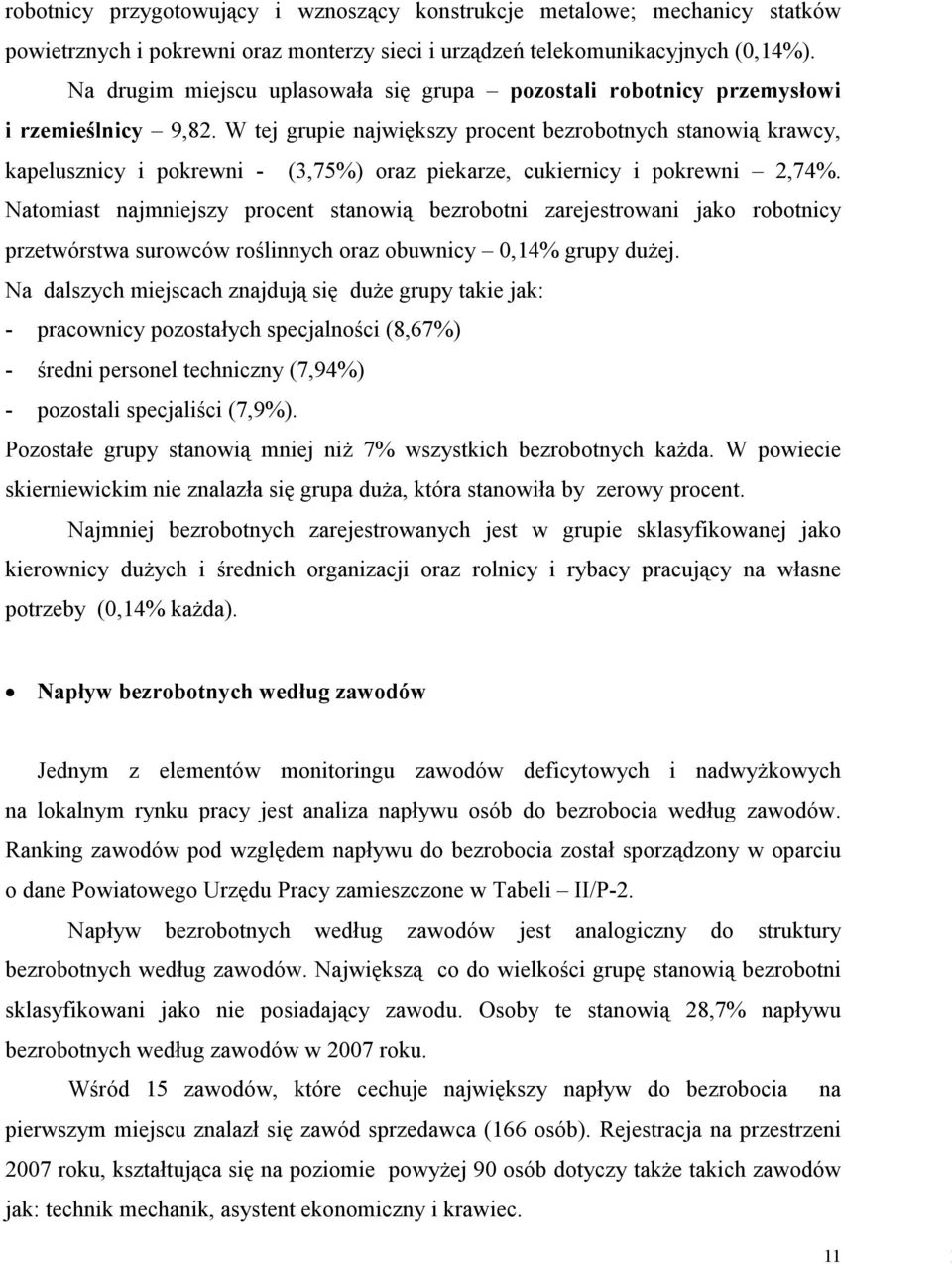 W tej grupie największy procent bezrobotnych stanowią krawcy, kapelusznicy i pokrewni - (3,75%) oraz piekarze, cukiernicy i pokrewni 2,74%.