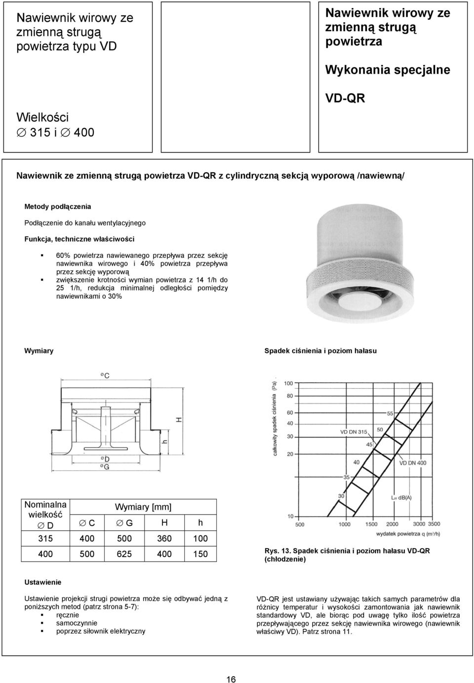 redukcja minimalnej odległości pomiędzy nawiewnikami o 30% Wymiary Spadek ciśnienia i poziom hałasu Nominalna Wymiary [mm] wielkość D C G H h 315 400 500 360 100 400 500 625 400 150 Rys. 13.