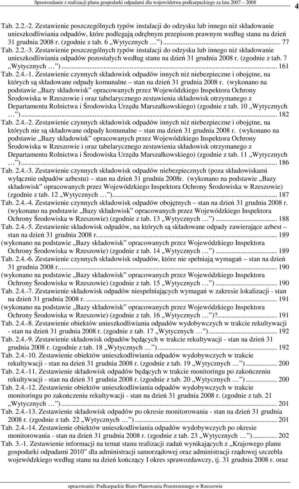 Zestawienie poszczególnych typów instalacji do odzysku lub innego niŝ składowanie unieszkodliwiania pozostałych według stanu na dzień 31 grudnia 2008 r. (zgodnie z tab. 7 Wytycznych )... 161 Tab. 2.4.