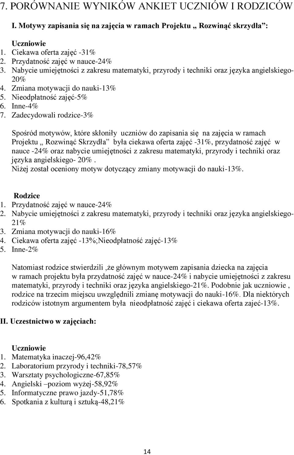 Zadecydowali rodzice-3% Spośród motywów, które skłoniły uczniów do zapisania się na zajęcia w ramach Projektu Rozwinąć Skrzydła była ciekawa oferta zajęć -31%, przydatność zajęć w nauce -24% oraz