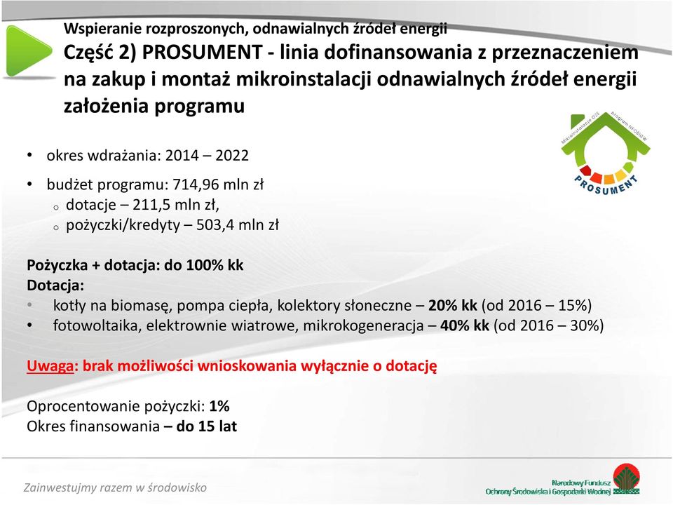 503,4 mln zł Pożyczka + dotacja: do 100% kk Dotacja: kotły na biomasę, pompa ciepła, kolektory słoneczne 20% kk (od 2016 15%) fotowoltaika, elektrownie