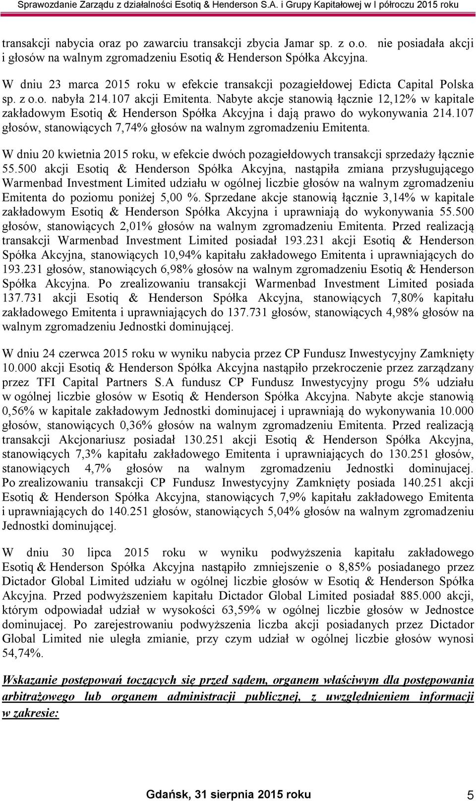 Nabyte akcje stanowią łącznie 12,12% w kapitale zakładowym Esotiq & Henderson Spółka Akcyjna i dają prawo do wykonywania 214.107 głosów, stanowiących 7,74% głosów na walnym zgromadzeniu Emitenta.