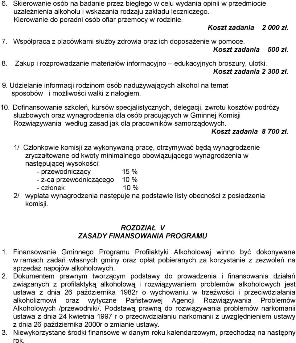 Koszt zadania 2 300 zł. 9. Udzielanie informacji rodzinom osób nadużywających alkohol na temat sposobów i możliwości walki z nałogiem. 10.