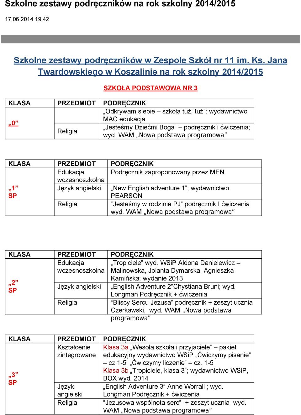 WAM Nowa podstawa programowa Edukacja Podręcznik zaproponowany przez MEN wczesnoszkolna 1 New English adventure 1 ; wydawnictwo PEARSON Jesteśmy w rodzinie PJ podręcznik I ćwiczenia wyd.