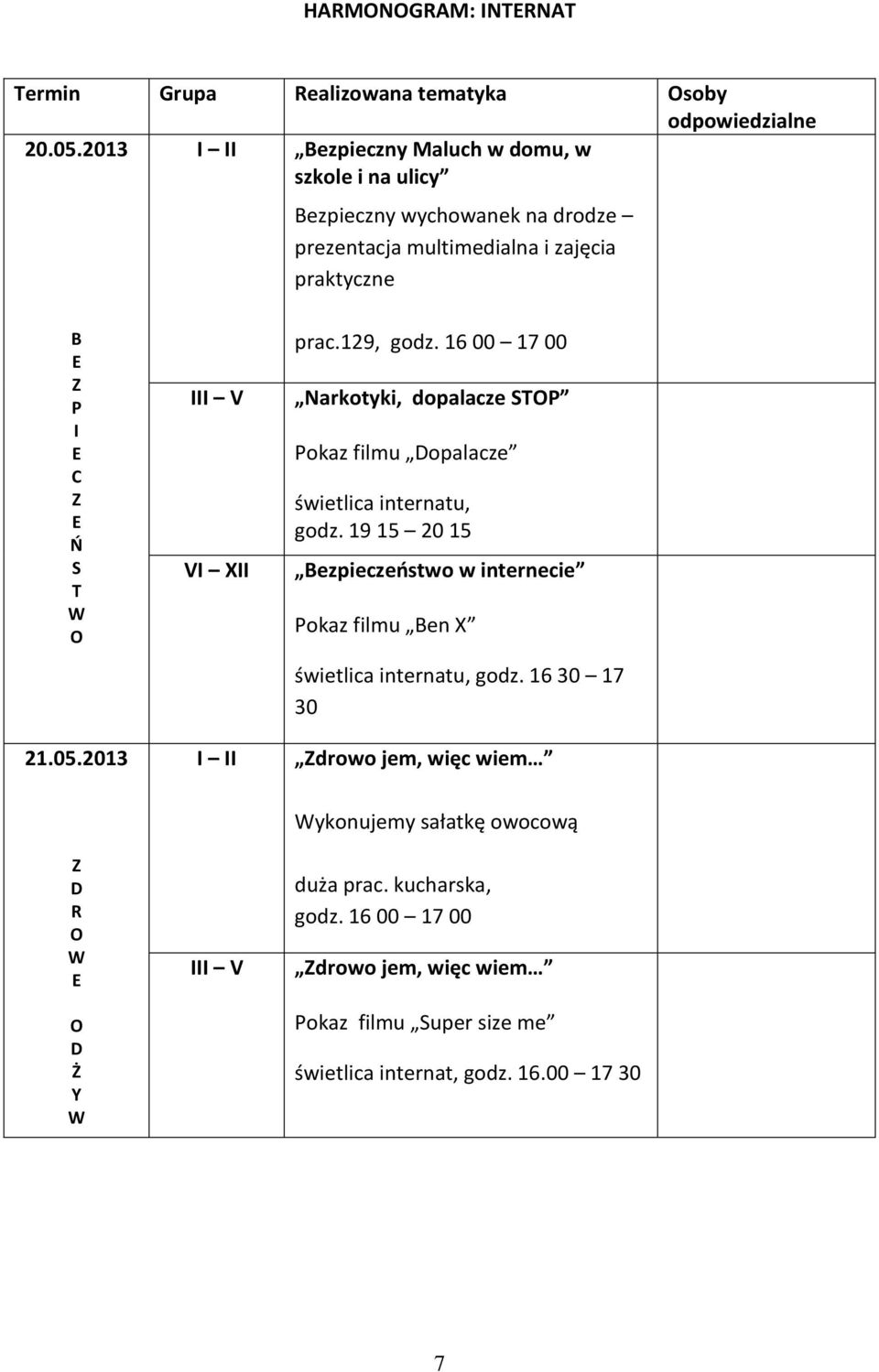 2013 V V X prac.129, godz. 16 00 17 00 Narkotyki, dopalacze SP Pokaz filmu opalacze świetlica internatu, godz.