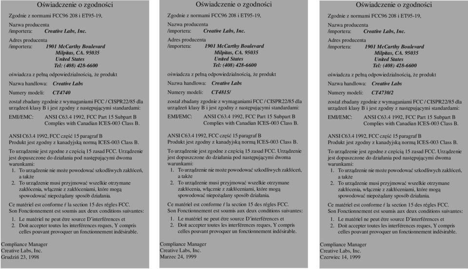 modeli: CT4815/ Marzec 24, 1999 Oświadczenie o