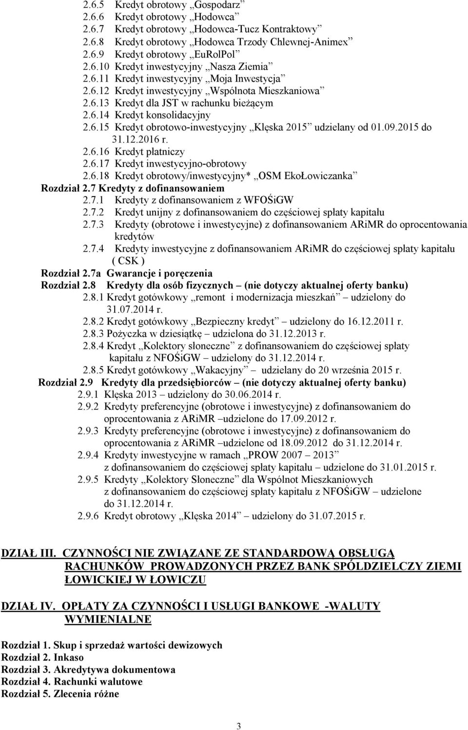 09.2015 do 31.12.2016 r. 2.6.16 Kredyt płatniczy 2.6.17 Kredyt inwestycyjno-obrotowy 2.6.18 Kredyt obrotowy/inwestycyjny* OSM EkoŁowiczanka Rozdział 2.7 Kredyty z dofinansowaniem 2.7.1 Kredyty z dofinansowaniem z WFOŚiGW 2.