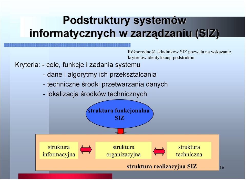 technicznych struktura funkcjonalna SIZ Różnorodność składników SIZ pozwala na wskazanie kryteriów