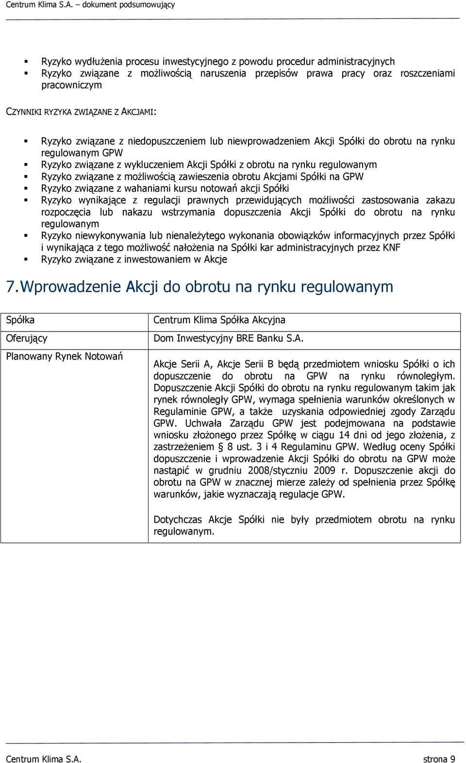 związane z możliwością zawieszenia obrotu Akcjami Spółki na GPW Ryzyko związane z wahaniami kursu notowań akcji Spółki Ryzyko wynikające z regulacji prawnych przewidujących możliwości zastosowania