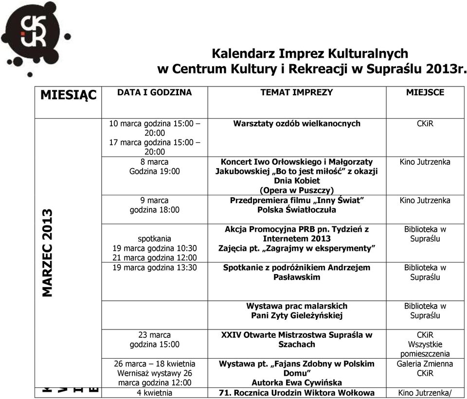 godzina 12:00 Warsztaty ozdób wielkanocnych Koncert Iwo Orłowskiego i Małgorzaty Jakubowskiej Bo to jest miłość z okazji Dnia Kobiet (Opera w Puszczy) Przedpremiera filmu Inny Świat Polska