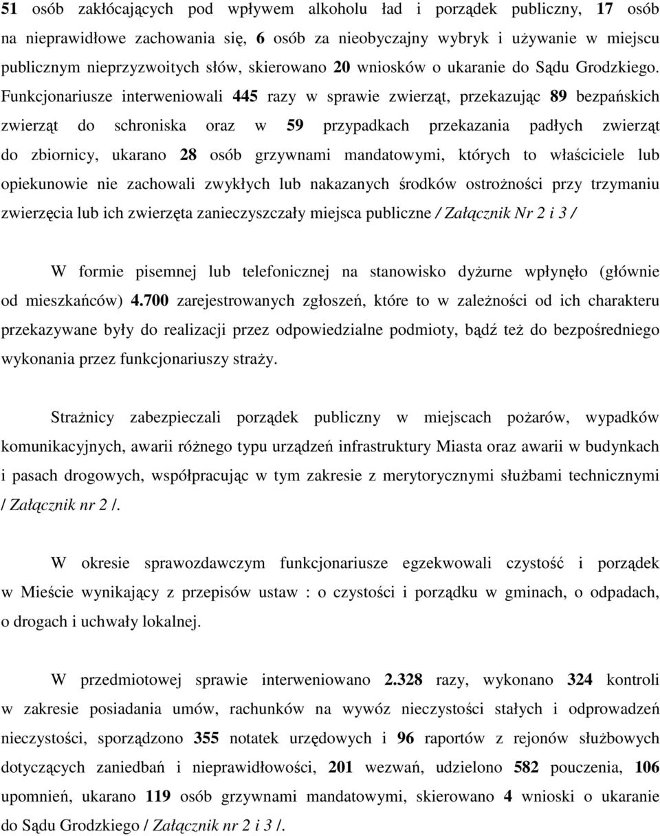 Funkcjonariusze interweniowali 445 razy w sprawie zwierząt, przekazując 89 bezpańskich zwierząt do schroniska oraz w 59 przypadkach przekazania padłych zwierząt do zbiornicy, ukarano 28 osób