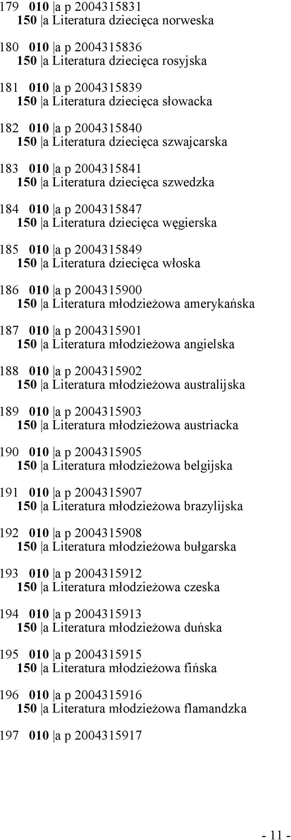 dziecięca włoska 186 010 a p 2004315900 150 a Literatura młodzieżowa amerykańska 187 010 a p 2004315901 150 a Literatura młodzieżowa angielska 188 010 a p 2004315902 150 a Literatura młodzieżowa