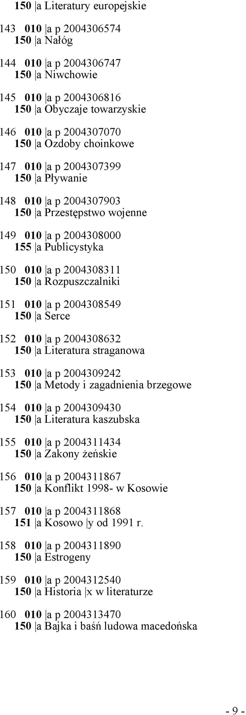 150 a Serce 152 010 a p 2004308632 150 a Literatura straganowa 153 010 a p 2004309242 150 a Metody i zagadnienia brzegowe 154 010 a p 2004309430 150 a Literatura kaszubska 155 010 a p 2004311434 150