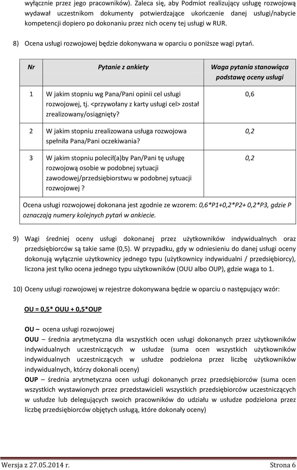 8) Ocena usługi rozwojowej będzie dokonywana w oparciu o poniższe wagi pytań.