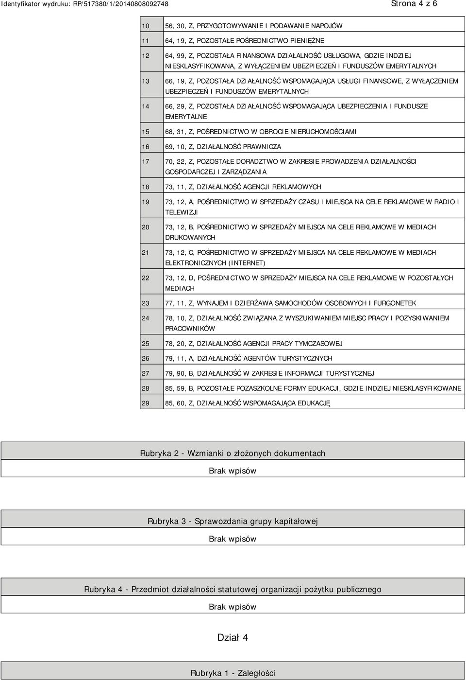 WSPOMAGAJĄCA UBEZPIECZENIA I FUNDUSZE EMERYTALNE 15 68, 31, Z, POŚREDNICTWO W OBROCIE RUCHOMOŚCIAMI 16 69, 10, Z, DZIAŁALNOŚĆ PRAWNICZA 17 70, 22, Z, POZOSTAŁE DORADZTWO W ZAKRESIE PROWADZENIA