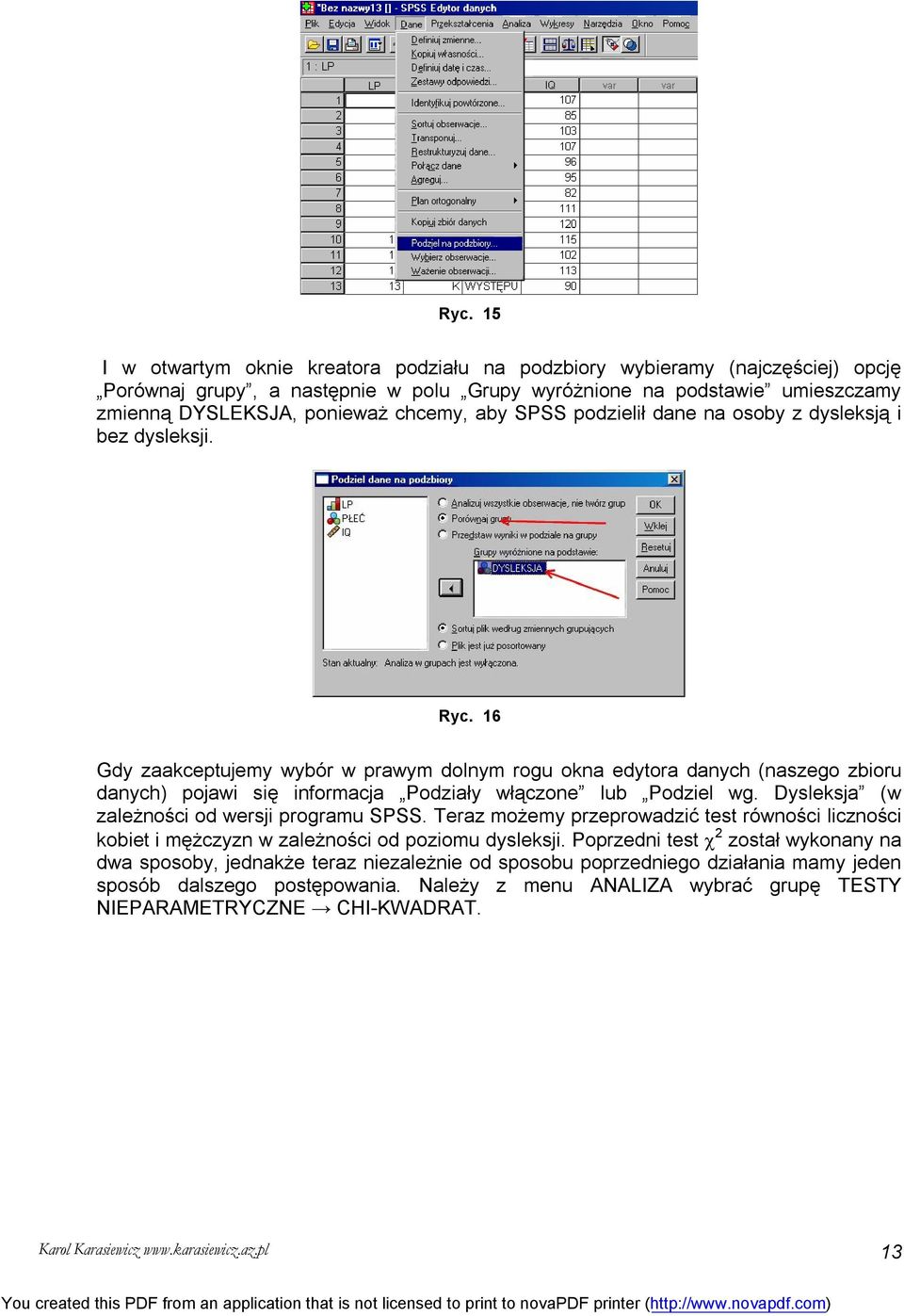 16 Gdy zaakceptujemy wybór w prawym dolnym rogu okna edytora danych (naszego zbioru danych) pojawi się informacja Podziały włączone lub Podziel wg. Dysleksja (w zależności od wersji programu SPSS.