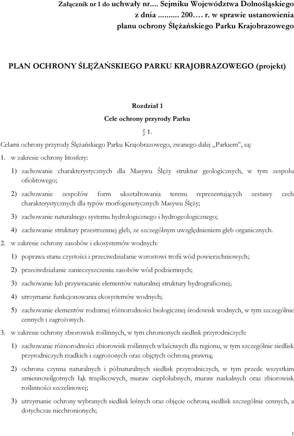 Ślężańskiego Parku Krajobrazowego, zwanego dalej Parkiem, są: 1. w zakresie ochrony litosfery: 1.