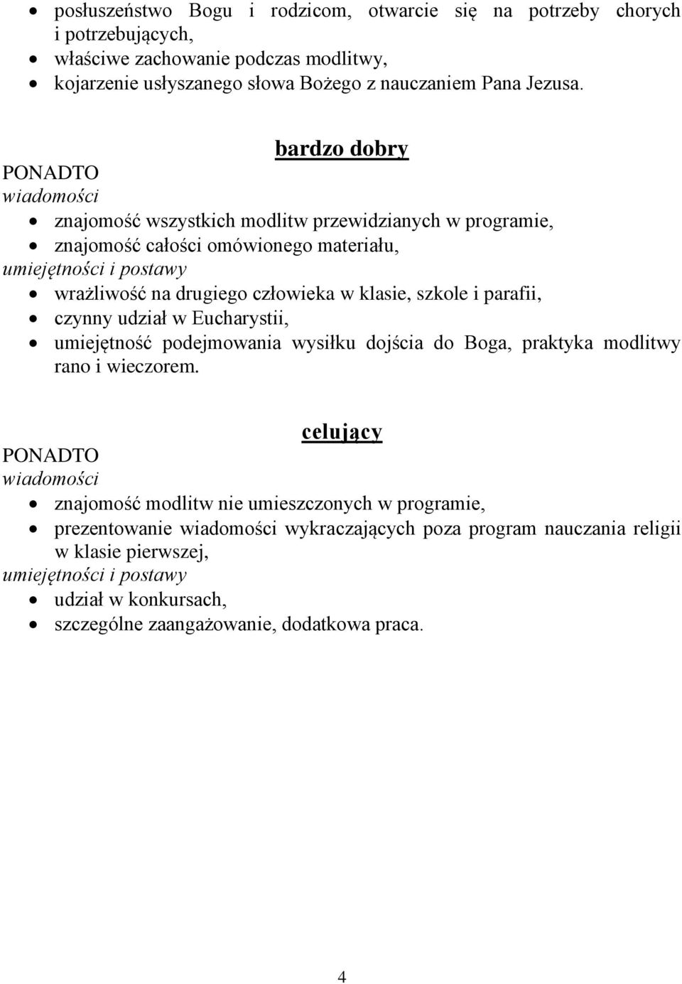 bardzo dobry znajomość wszystkich modlitw przewidzianych w programie, znajomość całości omówionego materiału, wrażliwość na drugiego człowieka w klasie, szkole i