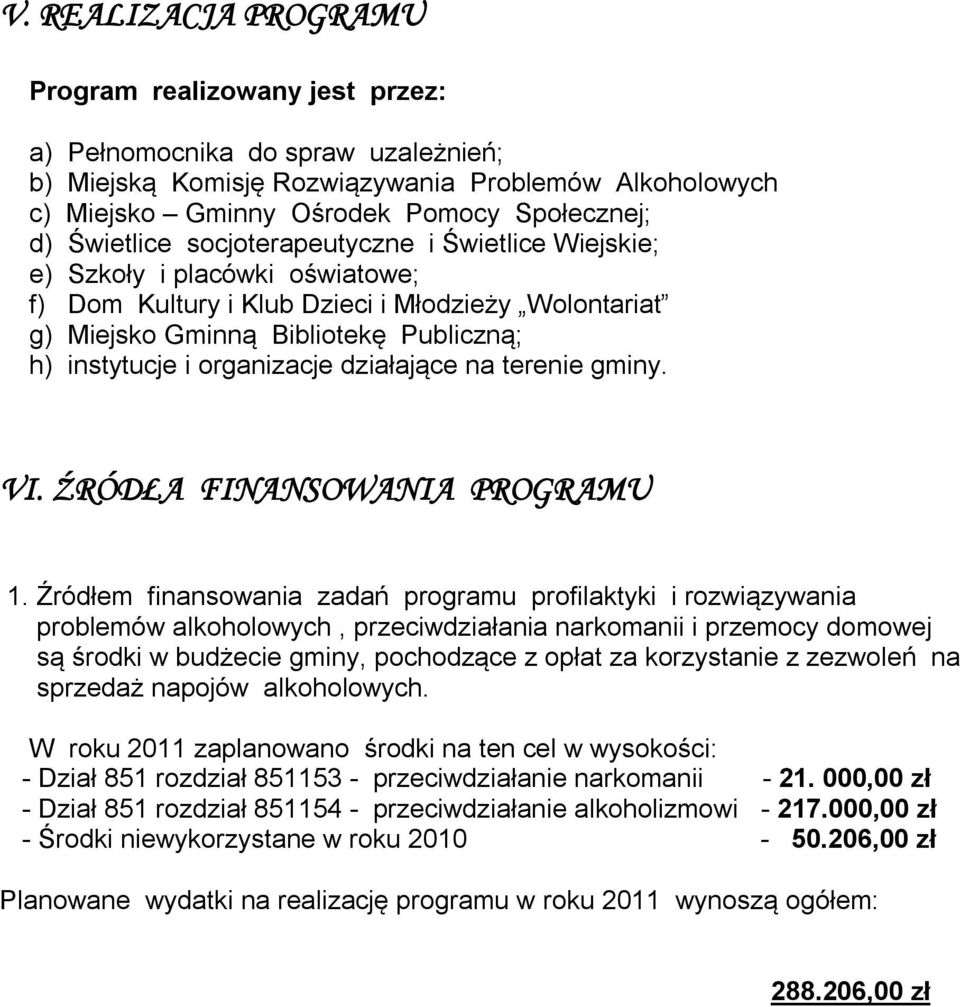 organizacje działające na terenie gminy. VI. ŹRÓDŁA FINANSOWANIA PROGRAMU 1.