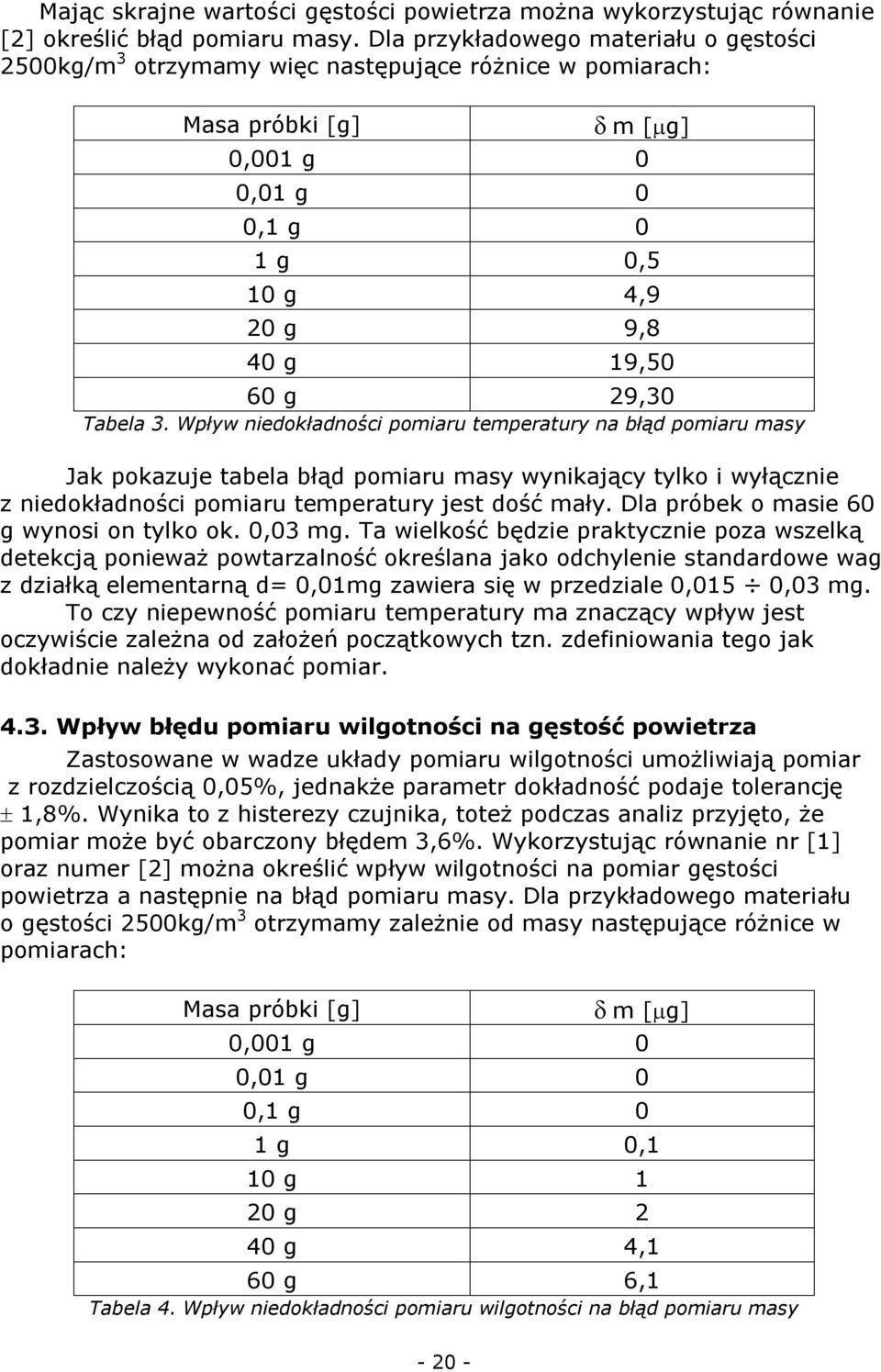 Tabela 3. Wpływ niedokładności pomiaru temperatury na błąd pomiaru masy Jak pokazuje tabela błąd pomiaru masy wynikający tylko i wyłącznie z niedokładności pomiaru temperatury jest dość mały.