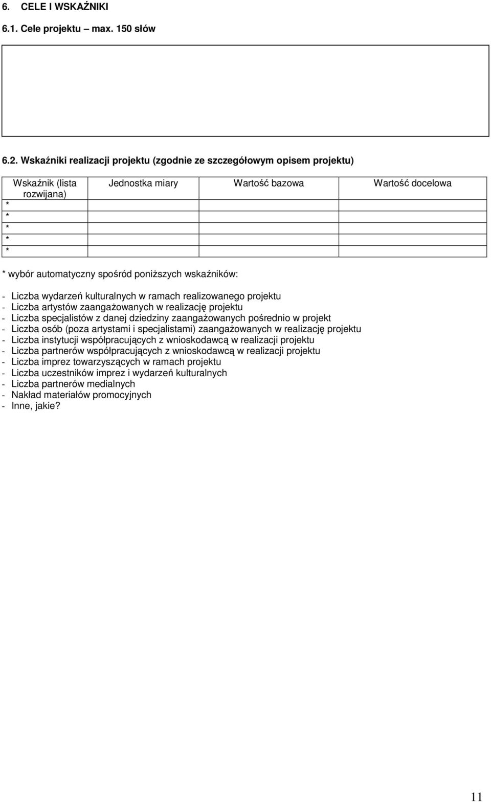 wskaźników: - Liczba wydarzeń kulturalnych w ramach realizowanego projektu - Liczba artystów zaangaŝowanych w realizację projektu - Liczba specjalistów z danej dziedziny zaangaŝowanych pośrednio w