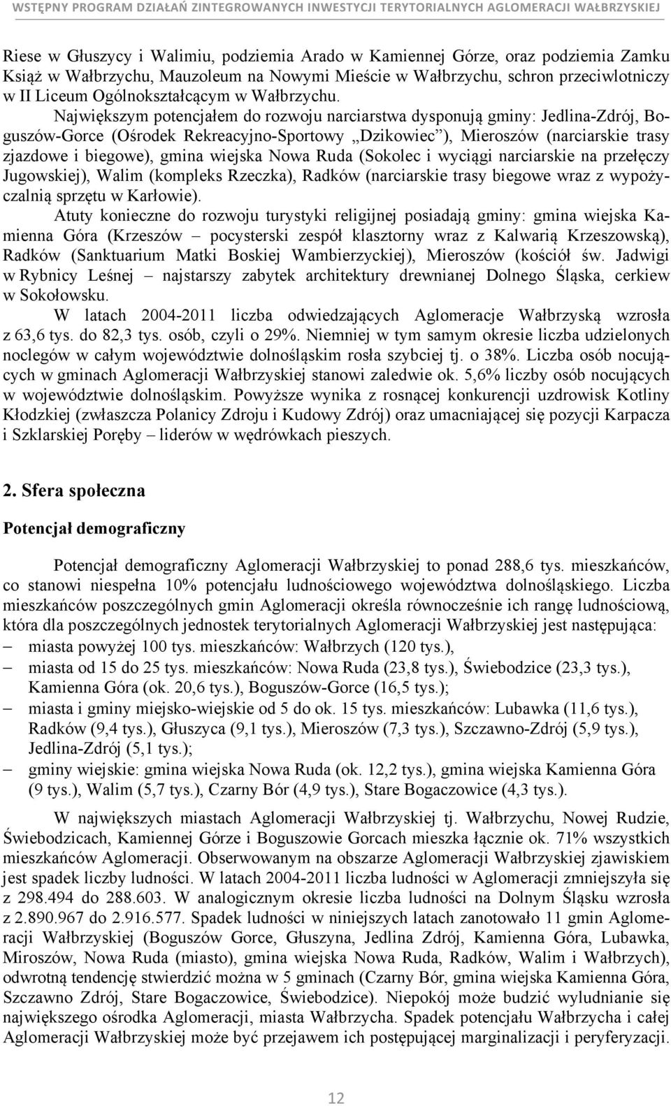 Największym potencjałem do rozwoju narciarstwa dysponują gminy: Jedlina-Zdrój, Boguszów-Gorce (Ośrodek Rekreacyjno-Sportowy Dzikowiec ), Mieroszów (narciarskie trasy zjazdowe i biegowe), gmina