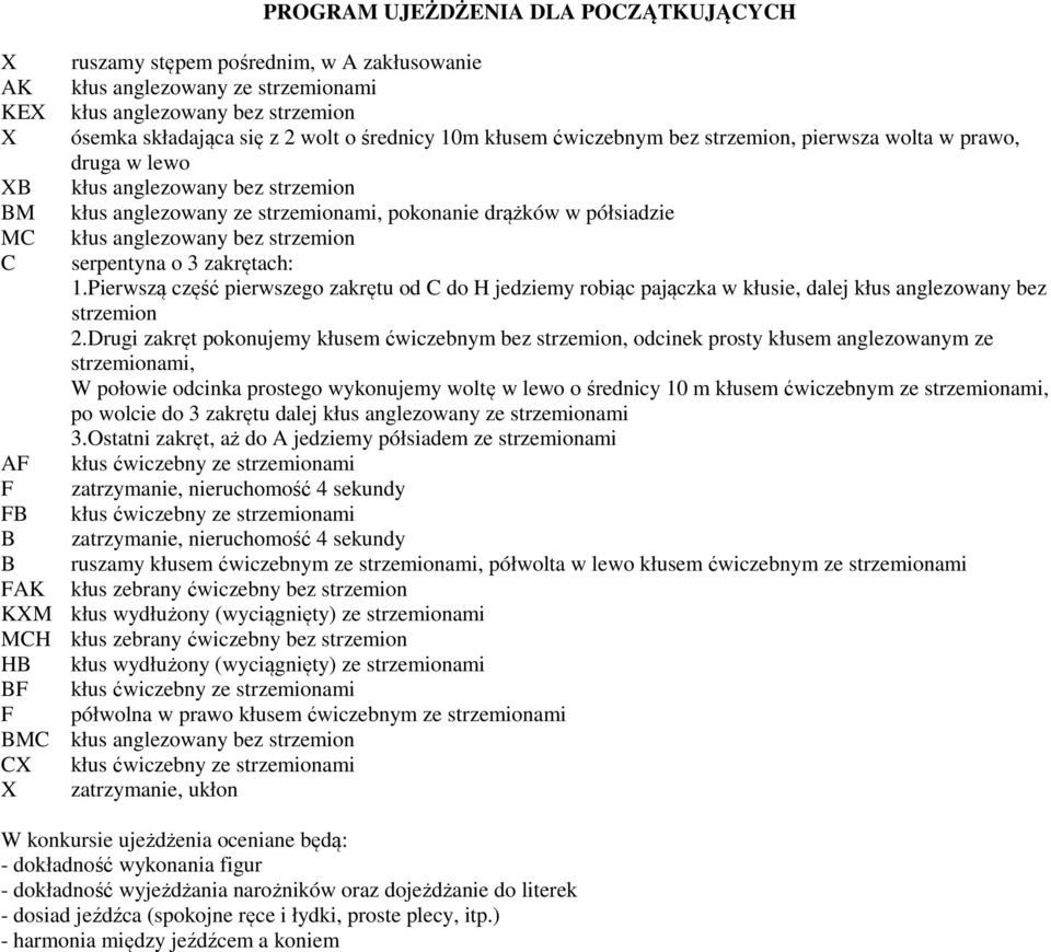 strzemion C serpentyna o 3 zakrętach: 1.Pierwszą część pierwszego zakrętu od C do H jedziemy robiąc pajączka w kłusie, dalej kłus anglezowany bez strzemion 2.