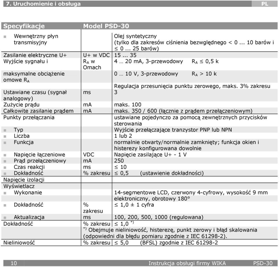 .. 35 Wyjście sygnału i R A w 4 20 ma, 3-przewodowy R A 0,5 k Omach maksymalne obciążenie 0 10 V, 3-przewodowy R A > 10 k omowe R A Regulacja przesunięcia punktu zerowego, maks.