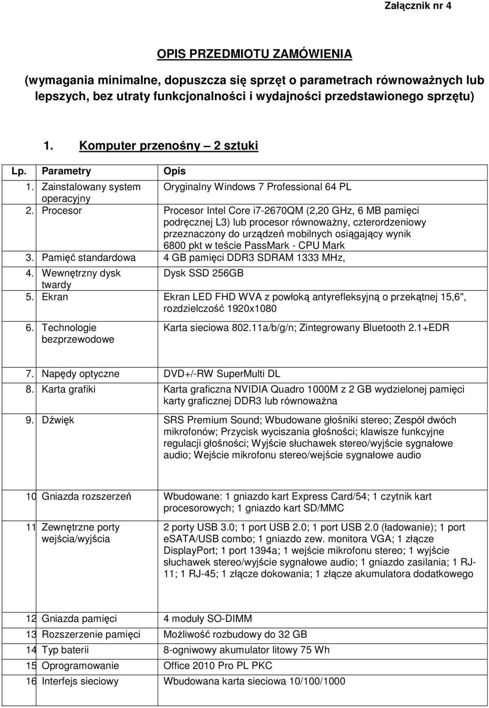 Procesor Procesor Intel Core i7-2670qm (2,20 GHz, 6 MB pamięci podręcznej L3) lub procesor równoważny, czterordzeniowy przeznaczony do urządzeń mobilnych osiągający wynik 6800 pkt w teście PassMark -