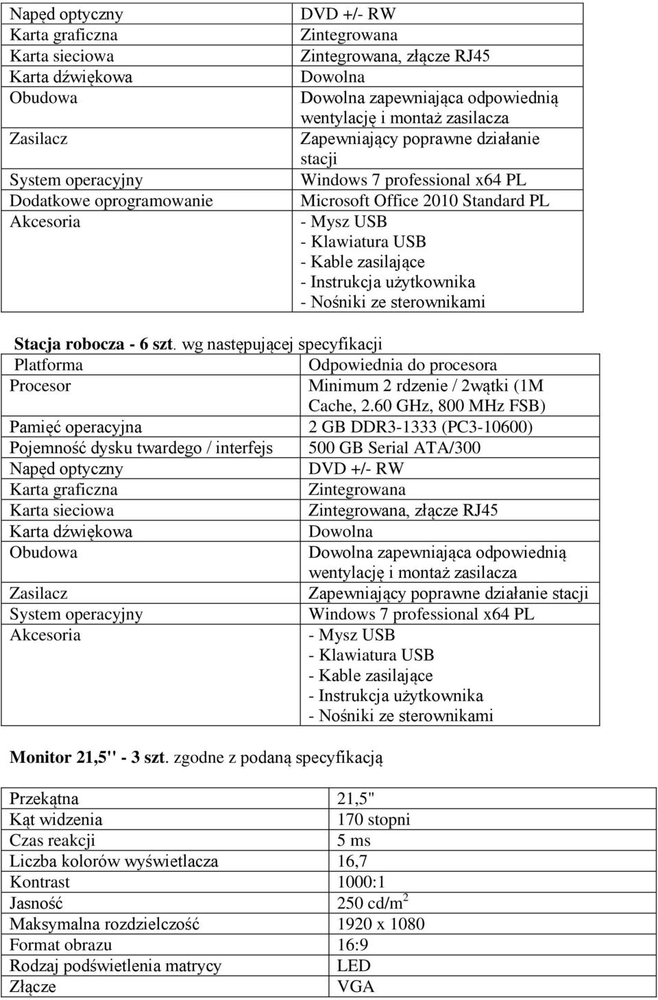 robocza - 6 szt. wg następującej specyfikacji Platforma Odpowiednia do procesora Minimum 2 rdzenie / 2wątki (1M Cache, 2.