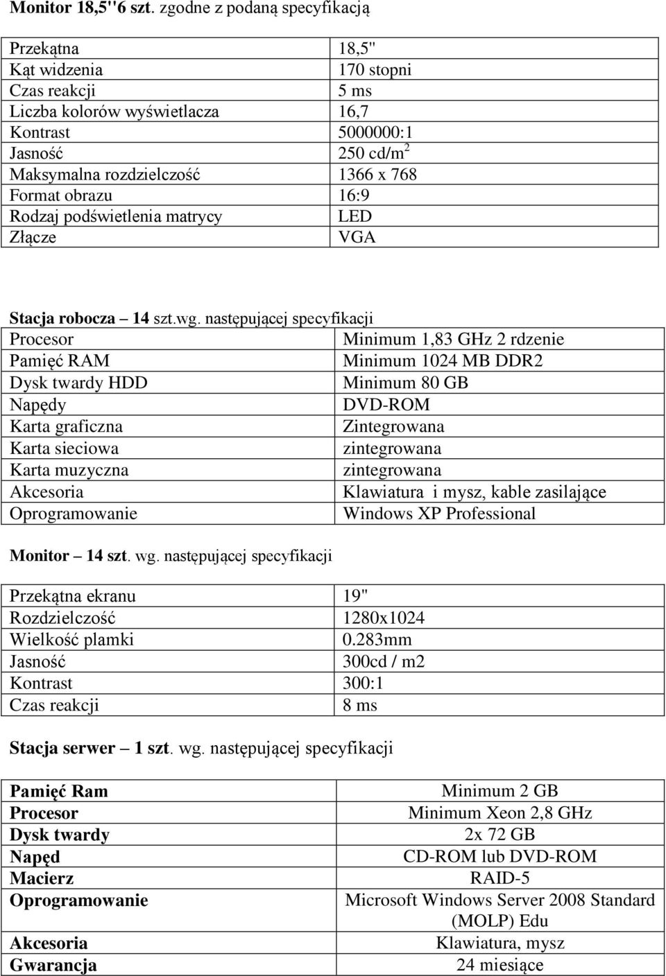 16:9 Rodzaj podświetlenia matrycy LED Złącze VGA Stacja robocza 14 szt.wg.