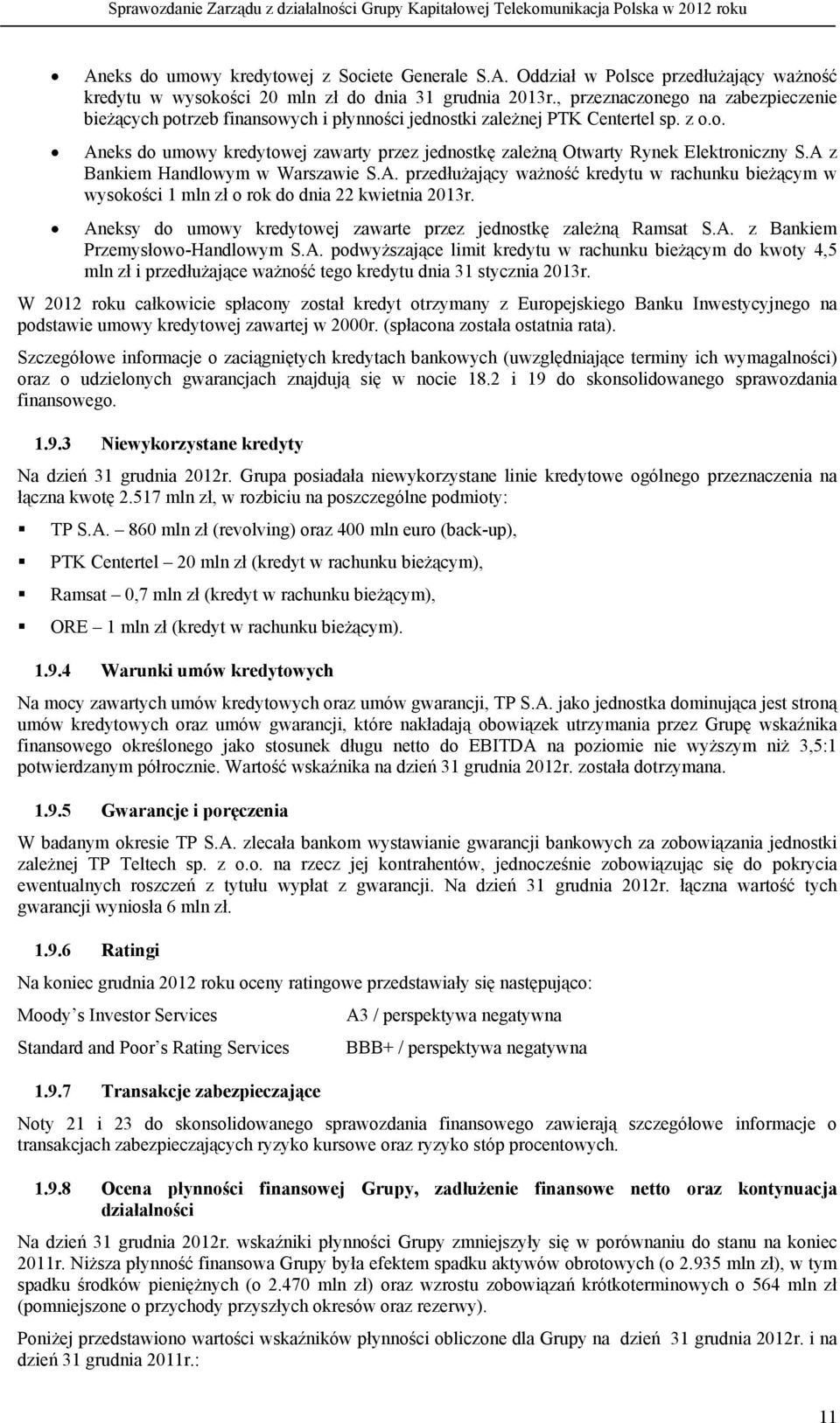 A z Bankiem Handlowym w Warszawie S.A. przedłużający ważność kredytu w rachunku bieżącym w wysokości 1 mln zł o rok do dnia 22 kwietnia 2013r.